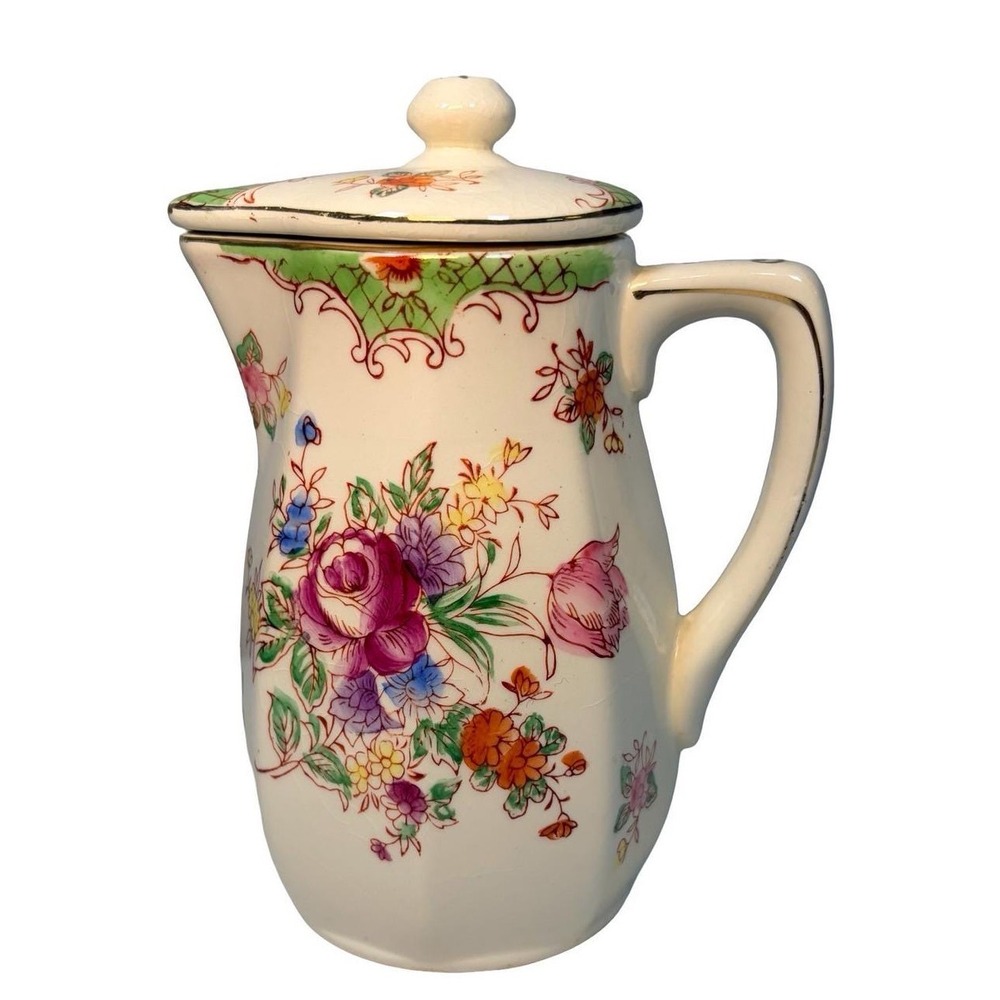 VTG 1950s Made in Japan Floral Porcelain Syrup Pitcher Gilt Trim MCM Creamer Lid